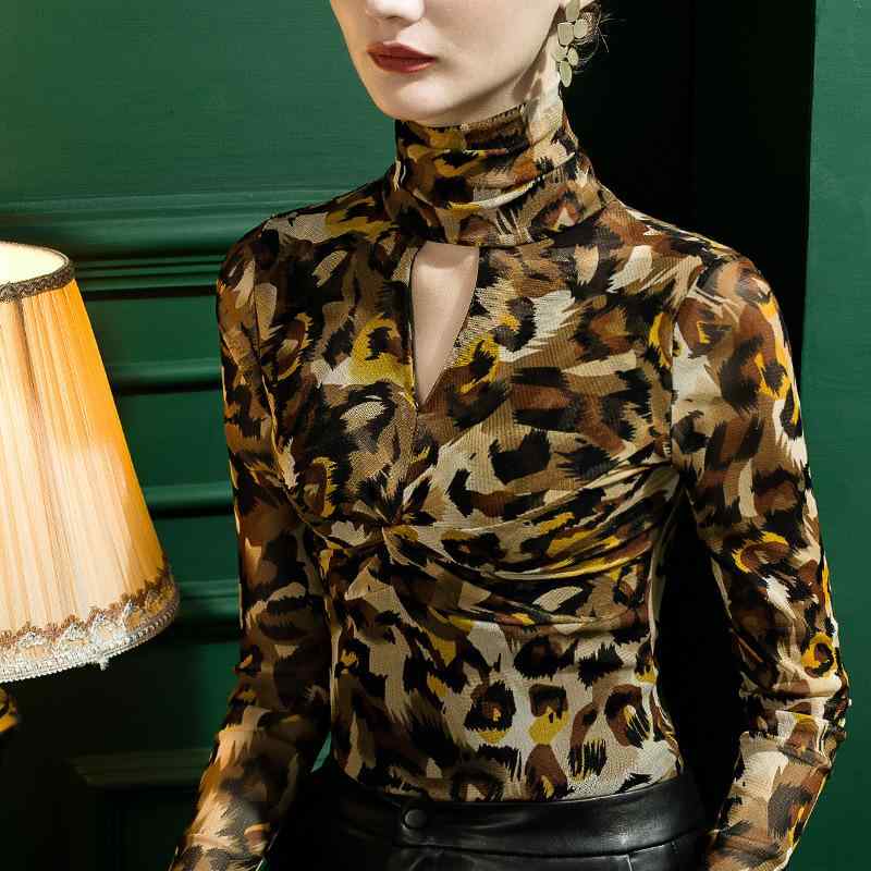 トップス レディース ラメプリント ハイネック メッシュ カットアウト スリムフィット 長袖 切り替え ..