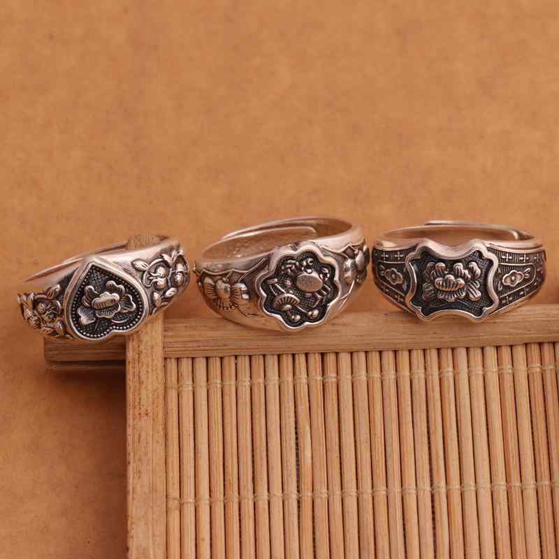 指輪 ユニセックス ペアリング フリーサイズ サイズ調整可能 シルバーメッキ レトロ アンティーク調 牡丹 フラワーデザイン オープンリング ラッキーアイテム