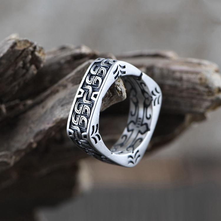 指輪 ユニセックス サイズ調整可能 フリーサイズ S925 泰銀製 中国風 レトロ 回紋模様 スクエア型 福文字 幾何学デザイン 電気メッキ加工 開口部