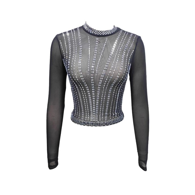 トップス レディース ブラック セクシー シースルー メッシュ ラインストーン エレガント デザイン スリムフィット ハイネック 長袖 ポリエステル ストレッチ素材