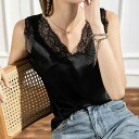 キャミソール レディース 春夏 Vネック レース 美背デザイン ノースリーブ ストライプ柄 ゆったり サテン シルク調 インナー ポリエステル素材(x2)