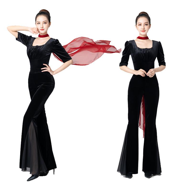 ダンスウェア レディース パフスリーブ スクエアネック ベロア ボディシェイプ レッスン着 モダン エレガント ショー 発表会 セットアップ
