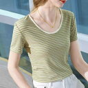 Tシャツ レディース 配色切り替え ストライプ Uネック 半袖 着痩せ 体型カバー 大きいサイズ ゆったり カジュアル 万能 プルオーバー レーヨン混 通勤用(x2)