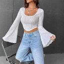Tシャツ レディース 細見え ショート丈 クロップド丈 Uネック フレアスリーブ ロングスリーブ 無地 肌見せ ストリートカジュアル ギャザーデザイン トップス ポリエステル