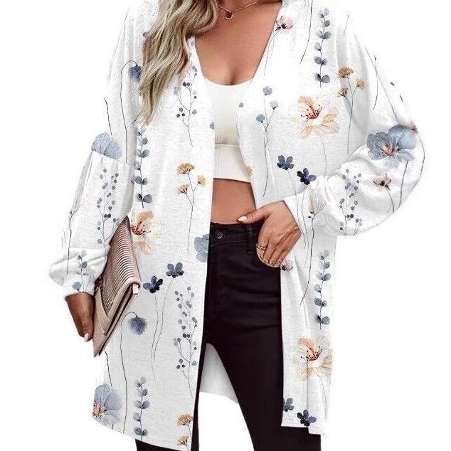 カーディガン レディース プリント ニット 長袖 ゆったり グラデーション パフスリーブ ミドル丈 クルーネック 中厚手 ストリートカジュアル