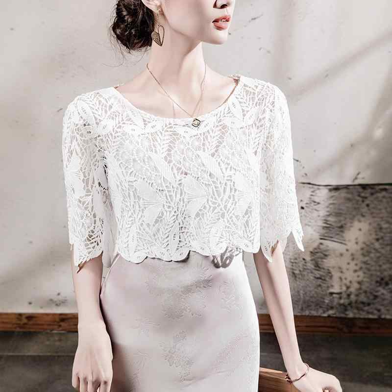 トップス レディース レース かぎ編み 切り替え ラウンドネック 五分袖 ショート丈 ゆったり プルオーバー ワンピース 羽織り カバーアップ きれいめ 大人カジュアル アイロン不要 イージーケア 春夏 ポリエステル(x2)