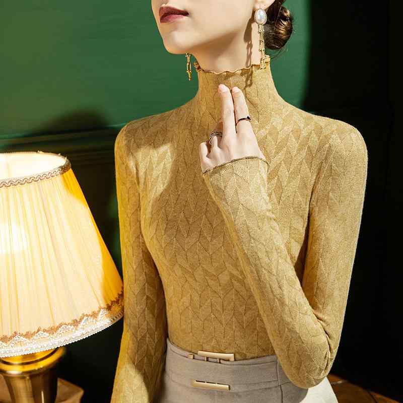 ニット レディース ハイネック 保温 インナー スリムフィット メロウフリル 長袖 厚手 プルオーバー 冬物 きれいめ 通勤 レーヨン 白 黒 キャメル(x2)