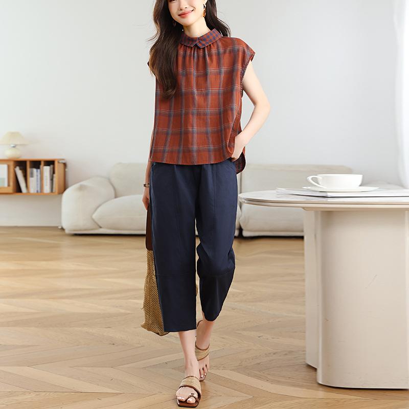 セットアップ レディース ママ 半袖 七分丈パンツ 綿100% 春夏 チェック柄 切り替え カジュアル 部屋着 上品 おしゃれ コーデ