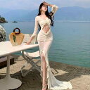 ワンピース レディース シアーメッシュ カットアウト プリーツ 切り替え ロング丈 ハイウエスト セクシー リゾート バカンス ビーチ 無地 ギャル系 エレガント フェミニン 体型カバー(x2)