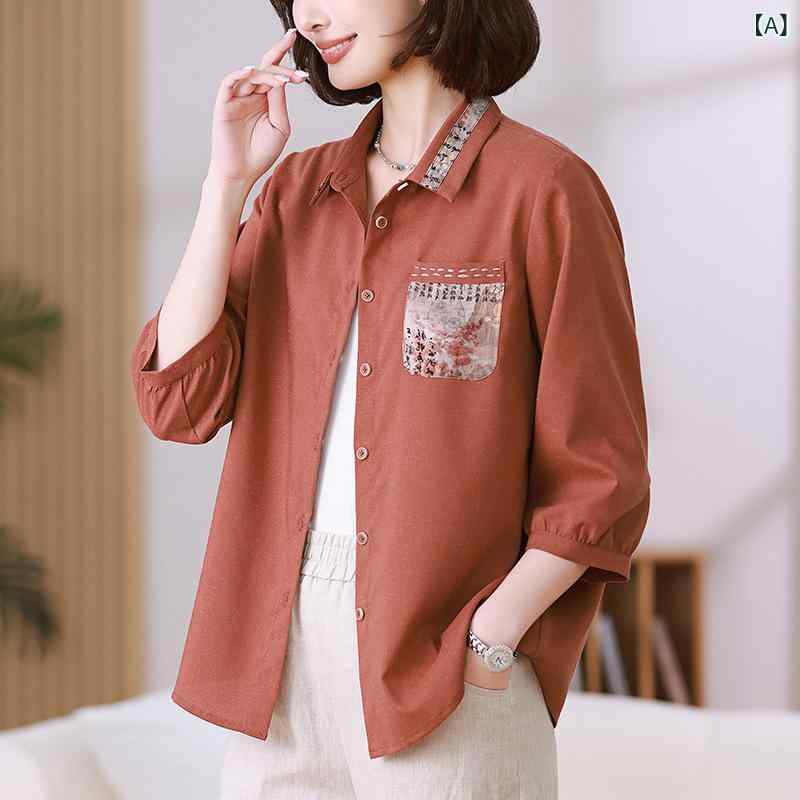シャツ レディース 薄手 接触冷感 ゆったり 体型カバー 綿麻 苧麻 ポリエステル混 カジュアル 通勤 エレガント 七分袖 前開き 襟付き 切り替え ポケット付き ミセス ママ向け 羽織り 春夏