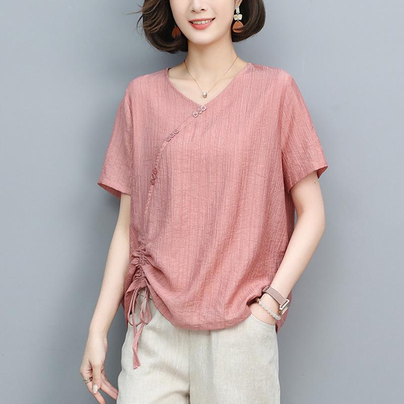 Tシャツ レディース ママ ミセス 接触冷感 ゆったり 半袖 Vネック ドローストリング 体型カバー 無地 テンセル素材 きれいめ カジュアル 夏コーデ