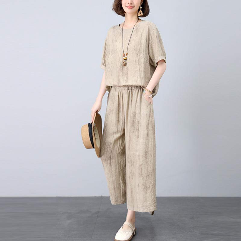 パンツ セットアップ レディース ミセス ママ 春夏 体型カバー ゆったり ワイドパンツ 2点セット カジュアル ルーズ リラックス ピンク ブルー カーキ(4)