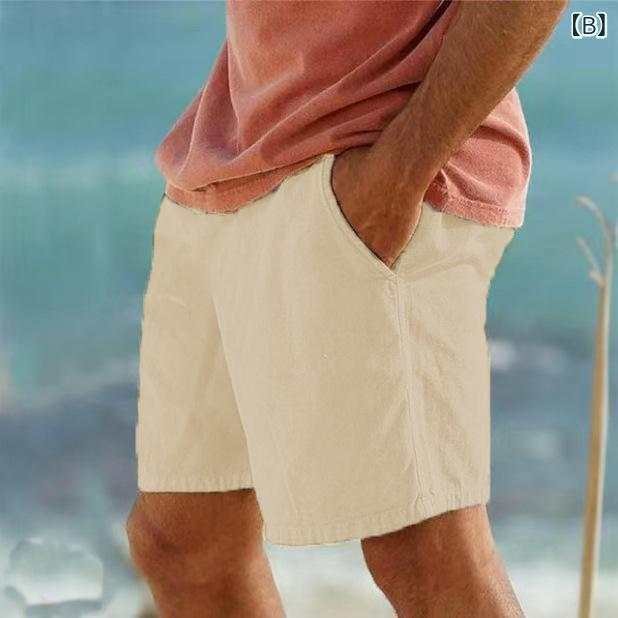 3分丈ショートパンツ メンズ 通気性 ストレッチ ウエストゴム ドローストリング 綿麻 ストレート 無地 普段使い カジュアル ビーチ スポーツ 春夏 ルームウェア