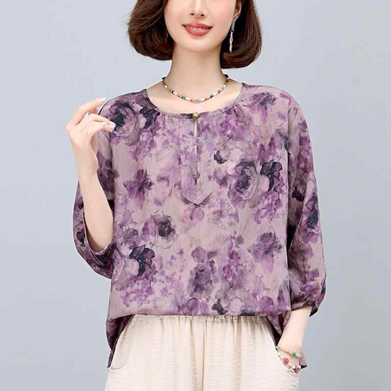 Tシャツ レディース ママ 半袖 薄手 ゆったり 体型カバー 若見え ふんわりシルエット 個性的 花柄プリント クルーネック カジュアル 春夏 通勤 お出かけ トップス