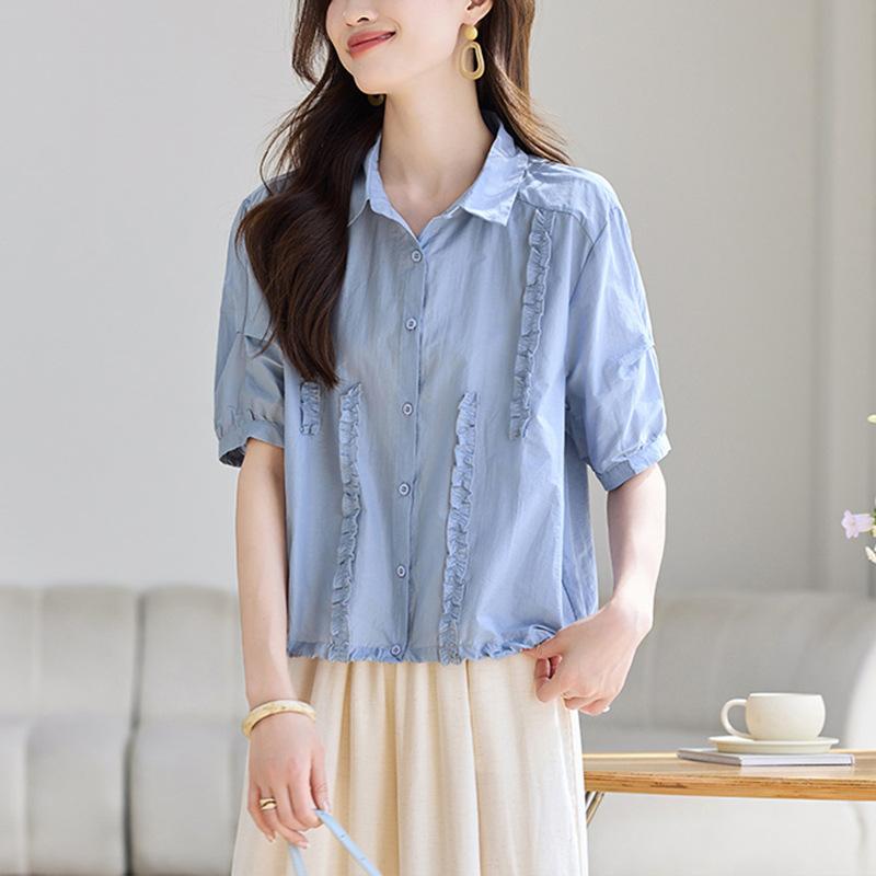 ブラウス レディース 春夏 テンセル 接触冷感 半袖 ゆったり リラックスフィット 無地 カジュアル きれいめ 前開き ボタンシャツ 刺繍 レース 襟付き 着回し