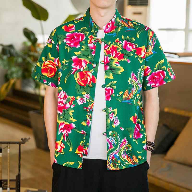 ・カテゴリ: シャツ・スタイル: 中国風・主な素材: 綿80%・生地番手: 20番手・デザイン: カーディガン・フィット: レギュラーフィット・ネックライン: スタンドカラー・袖丈: 半袖・柄: 植物花柄・厚さ: 普通・加工: プリント、染め・対象: 若年層・性別: メンズ・着用シーン: カジュアル・機能: 洗濯機洗い可・カラー展開: レッド、グリーン、ブラック、ブルー・サイズ展開: M、L、XL、2XL、3XL、4XL、5XL