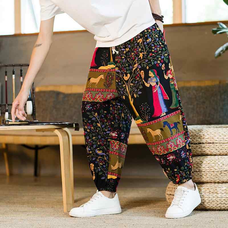 パンツ メンズ 通気性抜群 涼しい ゆったり サルエルパンツ 綿麻混紡 ドローストリング ウエスト紐 花柄 総柄 ロング丈 裾絞り アジアンテイスト カジュアル リラックス 春夏 部屋着 ワンマイルウェア