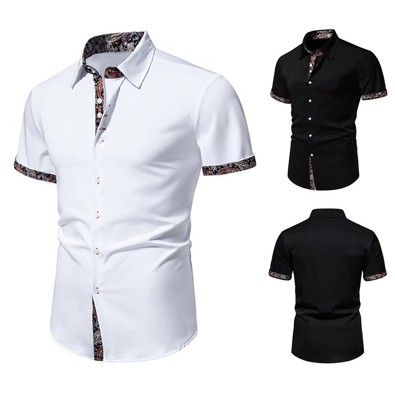 シャツ メンズ 防シワ ノーアイロン ウォッシャブル スリムフィット カジュアル ペイズリー柄 半袖 春夏 欧米スタイル コットン混 おしゃれ 白 黒