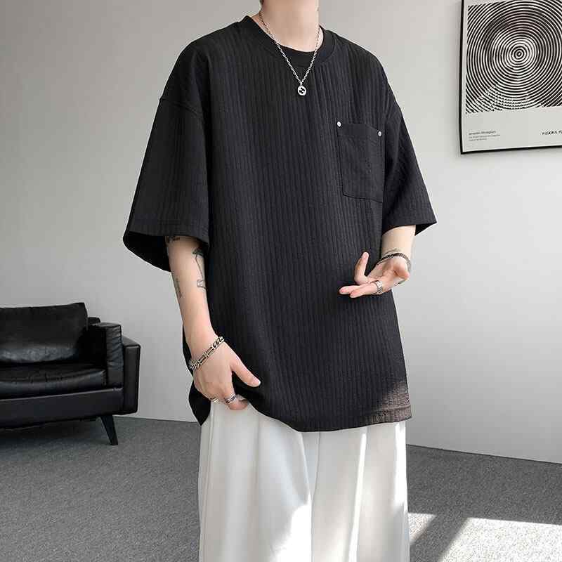 Tシャツ メンズ 半袖 日韓風 ゆったり ポケット付き 高品質 クルーネック 大きいサイズ テクスチャー感 薄手 吸汗速乾 防シワ 綿混 春夏 カジュアル トップス