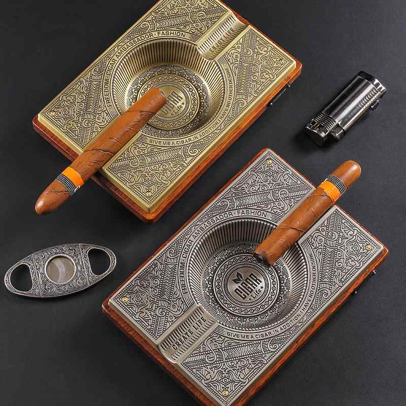 灰皿 メンズ 男性 葉巻 シガー用 大型 大容量 ダブルスロット 2本収納 無垢材 金属製 彫刻 アンティー..