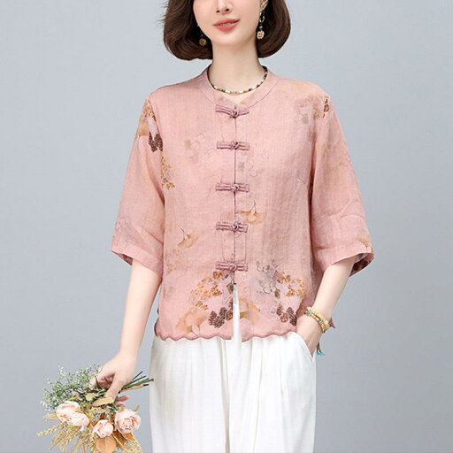 シャツ レディース 春夏 薄手 ゆったり 細見え 高級感 ラミー ジャガード織り 植物花柄 七分袖 ラウンドネック チャイナボタン 前開き モダンカジュアル シャツ レディース 春夏 薄手 ゆったり 細見え 高級感 ラミー ジャガード織り 植物花柄 七分袖 ラウンドネック チャイナボタン 前開き モダンカジュアル