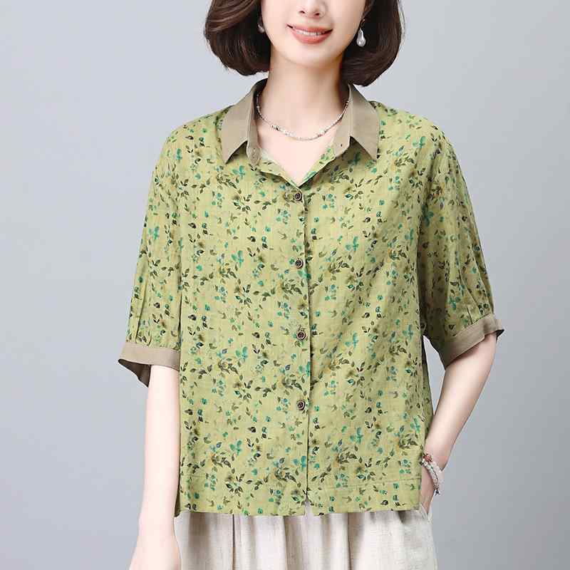 シャツ レディース ミセス 夏服 コットン 半袖 カジュアル おしゃれ ゆったり 体型カバー Vネック 花柄レース 大きいサイズ ブラウス デイリー