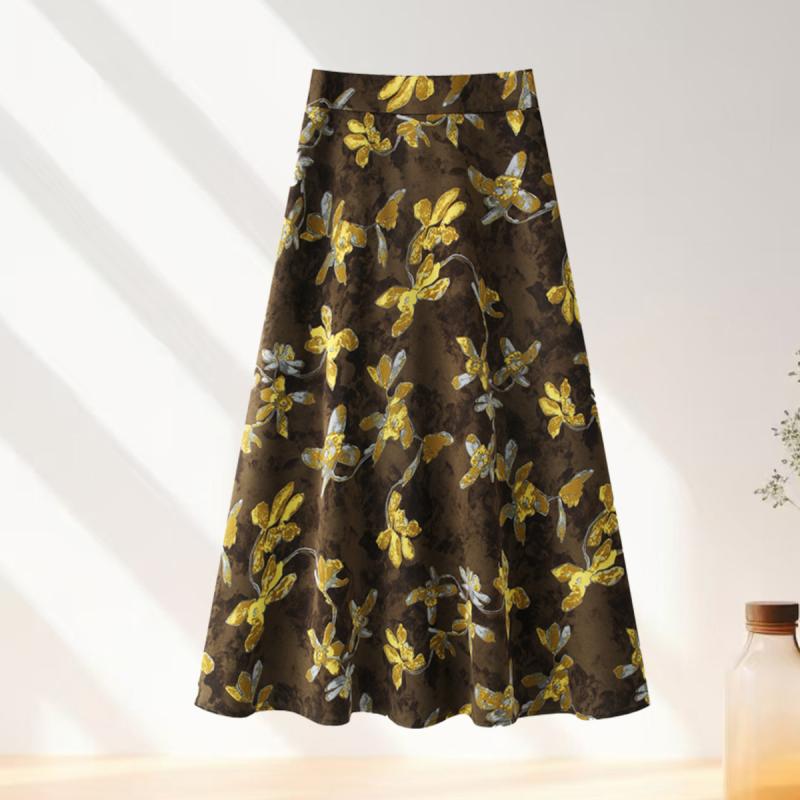 スカート レディース 高級感 アセテートサテン プリント 小花柄 Aライン フレア ミモレ丈 きれいめ 大人カジュアル 春夏 オフィス お出かけ ポリエステル 黄色