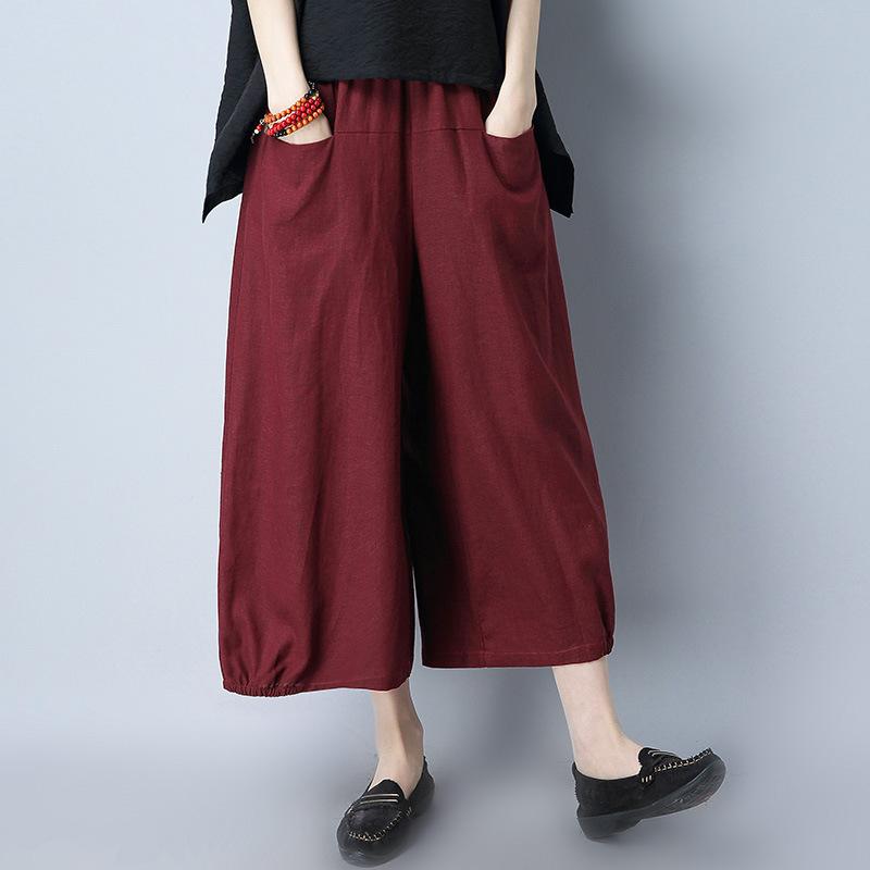 Linen, Hemp - パンツ レディース ママ 薄手 ゆったり 大きいサイズ 体型カバー ポケット付き ワイドパンツ クロップド丈 麻レーヨン混 ノーストレッチ ミドルウエスト 夏用 カジュアル ミセス ぽっちゃりさん
