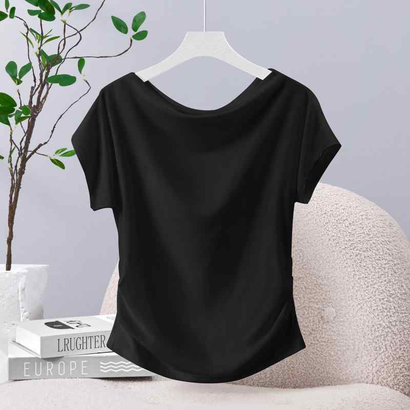 樂天商城 - Tシャツ レディース ゆったり ドレープ感 オフショルダー 横広ネック 半袖 スリムフィット 着痩せ ウエストシェイプ プルオーバー レーヨン 無地 春夏 通勤 オフィス カジュアル 上品 きれいめ