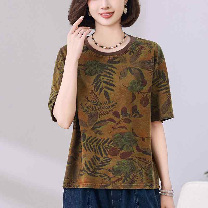 ・カテゴリ: Tシャツ・スタイル: 日韓カジュアル・主な素材: 綿95%以上・柄: 植物花卉・ネックライン: クルーネック・袖丈: 五分袖・袖タイプ: レギュラー袖・シルエット: ゆったり・着丈: 普通丈・カラー展開: グリーン、コーヒー・サイズ展開: M、L、XL、XXL
