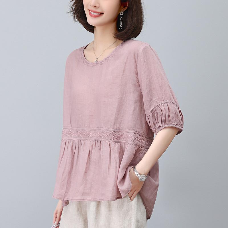 Tシャツ レディース カットソー 着痩せ 体型カバー 麻素材 ミセス ママ向け 五分袖 クルーネック ゆったり カジュアル 刺繍入り ギャザーデザイン 春夏