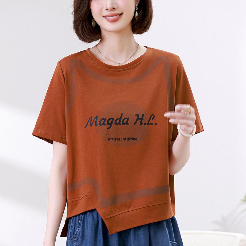 Tシャツ レディース 半袖 ゆったり 大きいサイズ ミセス ママ 体型カバー 韓国風カジュアル 夏 英字プリント クルーネック 綿混