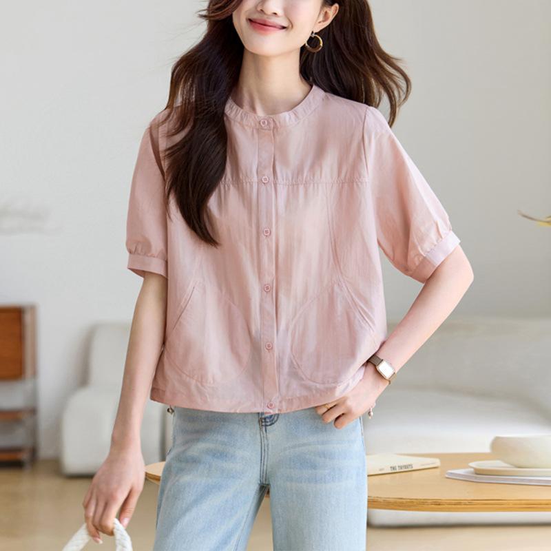 シャツ レディース 薄手 軽量 ゆったり 体型カバー 低身長向け 半袖 綿混 無地 ラウンドネック ポケット付き 切り替え 春夏 大きいサイズ おしゃれ 若見え