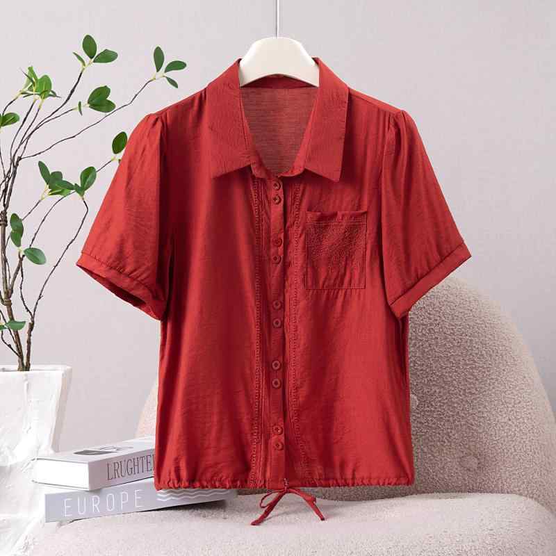 シャツ レディース ミセス 春夏 半袖 ポロ襟 刺繍 前開き ゆったり ブラウス カジュアル ポリエステル素材 幾何学柄 デイリーユース 若見え カーディガン風