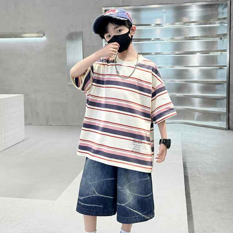 セットアップ 男の子 キッズ 子供服 春夏 ストライプ 半袖 綿混 薄手 カジュアル デニム ハーフパンツ 2点セット 小学生 中学生 通学 普段着(x2)