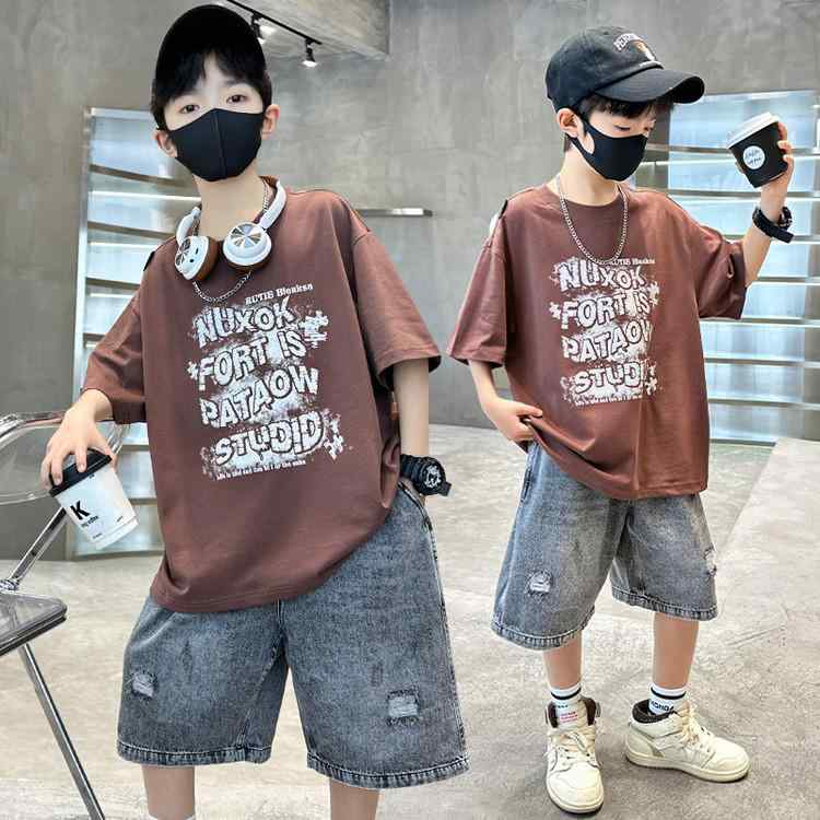 キッズ 男の子 半袖Tシャツ デニム ハーフパンツ 2点セット 薄手 綿混素材 カジュアル ロゴプリント 通..