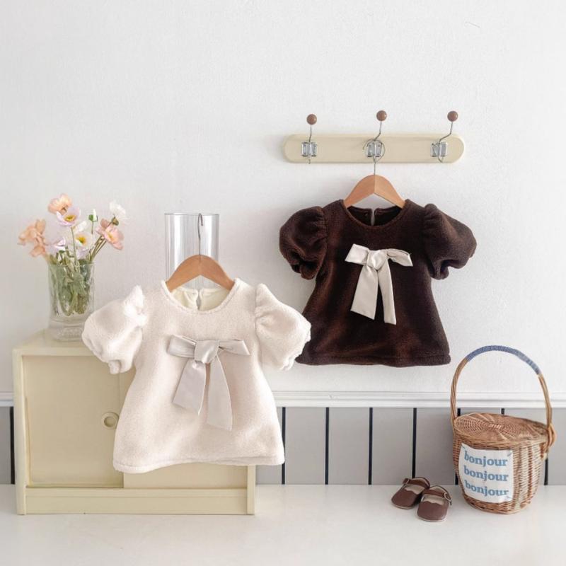 ワンピース 女の子 ベビー 裏起毛 保温 あったか ふわふわ パフスリーブ リボン 韓国風 Aライン プリンセス風 秋冬 コットン 無地 かわいい 73cm 80cm 90cm 100cm 110cm