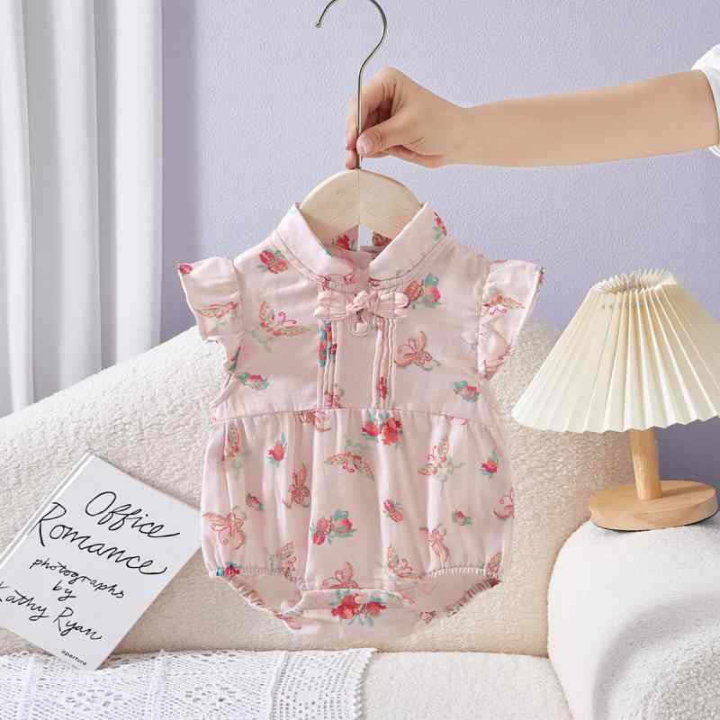 ロンパース ベビー服 女の子 夏用 カバーオール 綿ガーゼ 薄手 通気性抜群 チャイナ風 赤ちゃん 100日祝い 1歳 誕生日 フォーマル