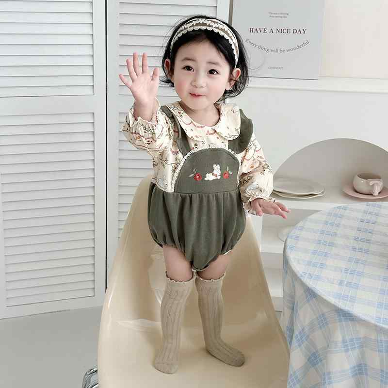 ロンパース 女の子 ベビー 春夏 長袖 小花柄 綿100% 韓国風 プルオーバー カバーオール 新生児 0歳 1歳 肌に優しい 安心素材 グリーン