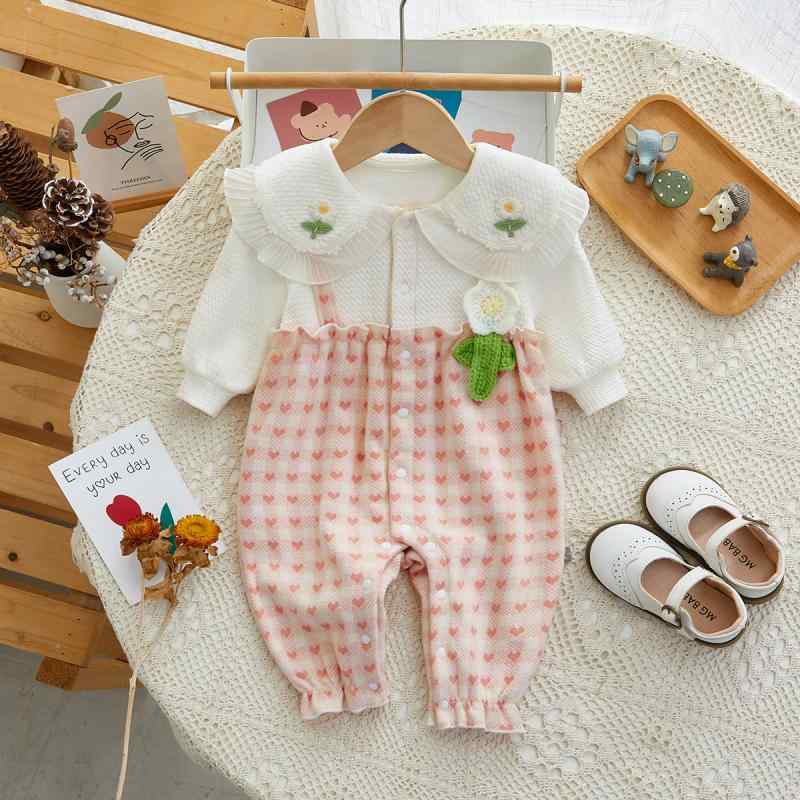 ロンパース ベビー 女の子 新生児 春秋 コットン 前開き 長袖 ビッグカラー 韓国風 肌に優しい A類安全基準 ピンク 出産祝い カバーオール