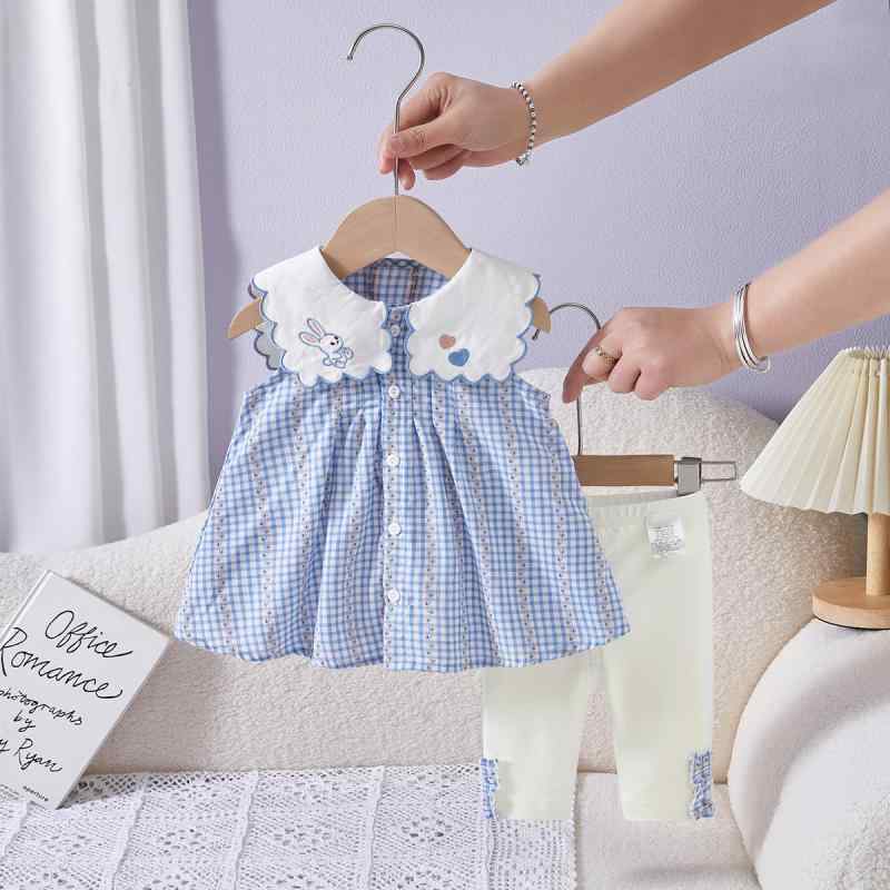 キッズ 女の子 ベビー セットアップ 春夏 ノースリーブ 襟付き チェック柄 トップス パンツ 2点セット 韓国風 お出かけ着 薄手 綿100% ..
