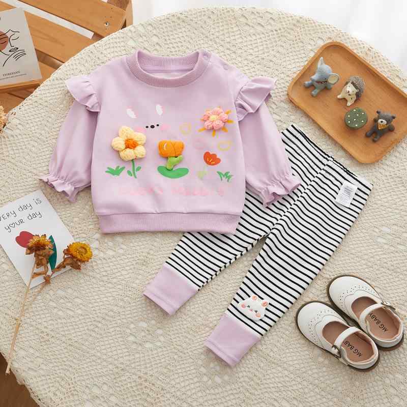 キッズ 女の子 幼児 春秋 韓国風 立体フラワー かわいい カジュアル 綿素材 長袖 上下セット ロングパンツ ピンク