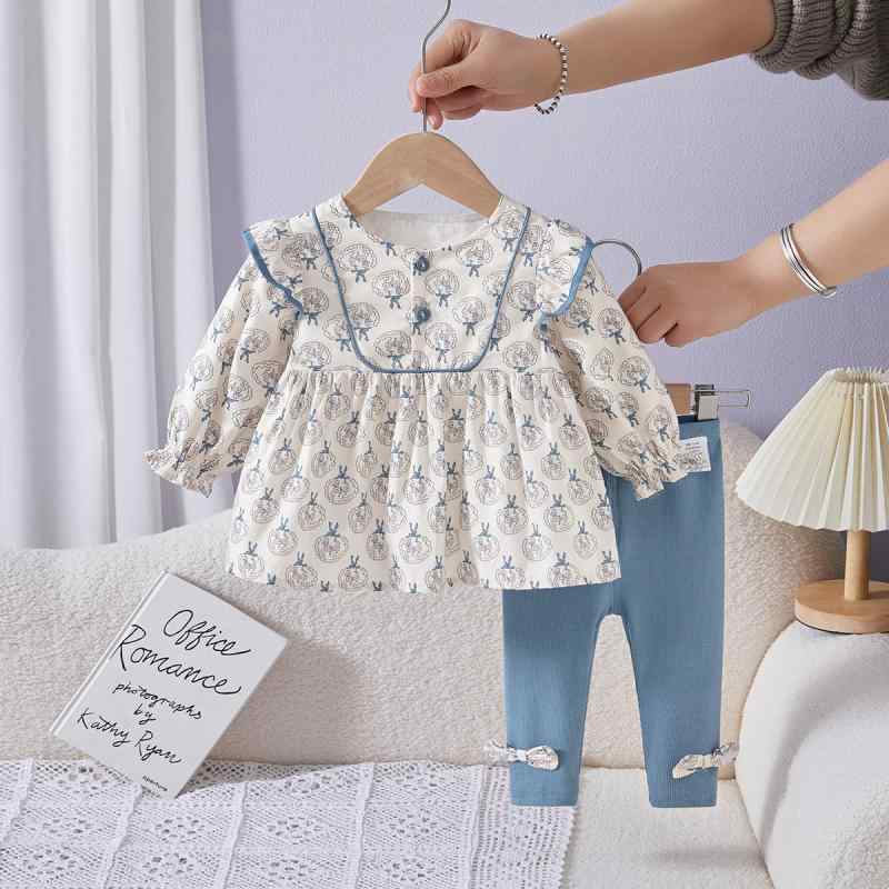 ベビー服 女の子 セットアップ 花柄 春秋 長袖 ロングパンツ 2点セット コットン100% かわいい プルオーバー カジュアル ブルー ルームウェア