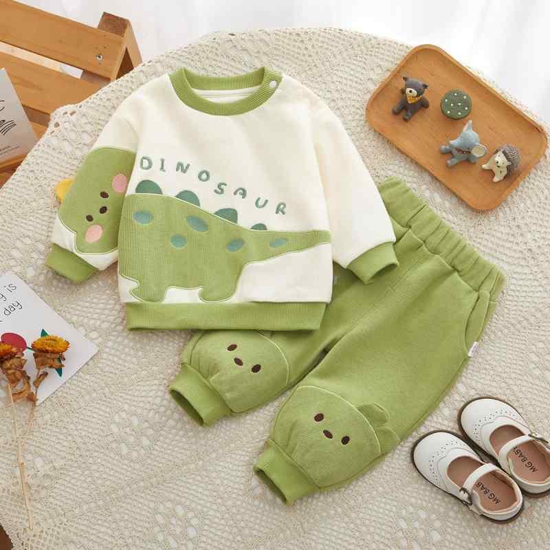 キッズ ベビー 男児 春秋 恐竜柄 セットアップ 2点セット 綿素材 長袖 長ズボン フードなし 欧米風 カジュアル かわいい 1歳 2歳 3歳 80 90 100cm