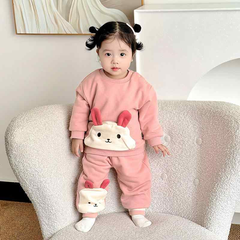 キッズ セットアップ 女の子 ベビー 裏起毛 厚手 かわいい うさぎ アニマル柄 秋冬 長袖 ロングパンツ 上下セット コットン 韓国風 普段着 部屋着 パジャマ