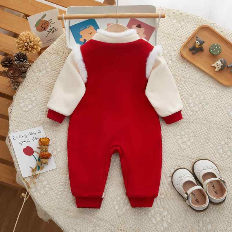 ベビー 女の子 ロンパース カバーオール 裏起毛 厚手 秋冬春用 チャイナ風 満月祝い 百日祝い お宮参り お食い初め 選び取り セレモニー服 誕生日 出産祝い ギフト 赤 綿 コットン 前開き スナップボタン