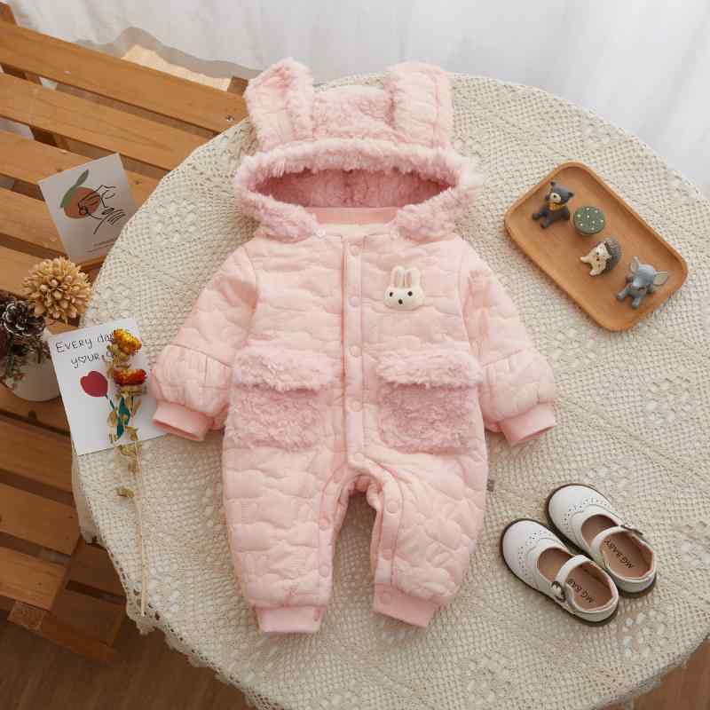 ロンパース ベビー 女の子 防風 保温 中綿入り 厚手 フード付き ウサギ 柄 冬服 新生児 0歳 1歳 春 秋 ..