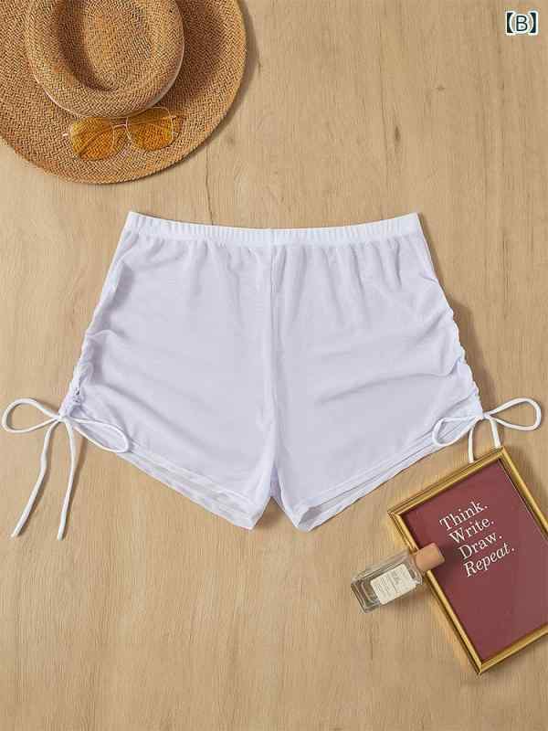 水着 レディース セクシー 無地 スクエアカット シースルーメッシュ ドローストリング ボックスショーツ ビーチ プール リゾート フィットネス