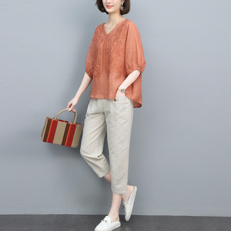 セットアップ レディース ママ カジュアル きれいめ 通勤 麻 コットン 刺しゅう かぎ針編み パフスリーブ 五分袖 パンツスタイル ツーピース 春夏 高級感