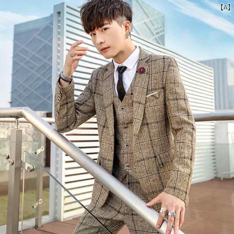 スーツ メンズ スリーピース チェック柄 スリムフィット オールシーズン ビジネス カジュアル 結婚式 通勤 韓国風 混紡素材 セットアップ